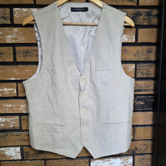 Mage‎ Male Mens Medium Beige Linen Blend 5 Button Vest Formal Dance Wedding - Picture 2 of 9
